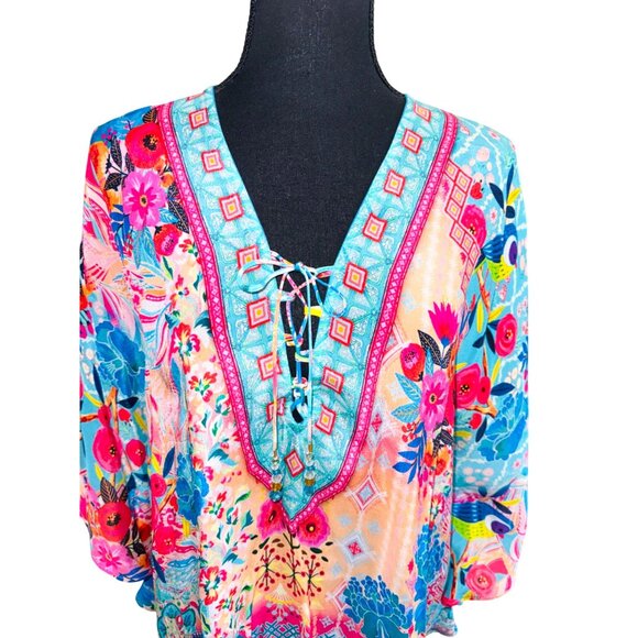 NWT Charlie Paige Multicolor Floral Boho Tunic Kaftan Top One Size 100% Viscose - Picture 3 of 11